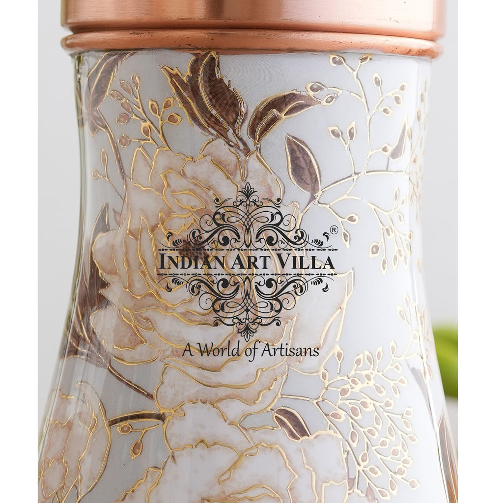 Indian Art Villa Pure Copper Gold Flower Print Bedroom Bottle, Good For Health, Ayuvreda Drinkware 850ml