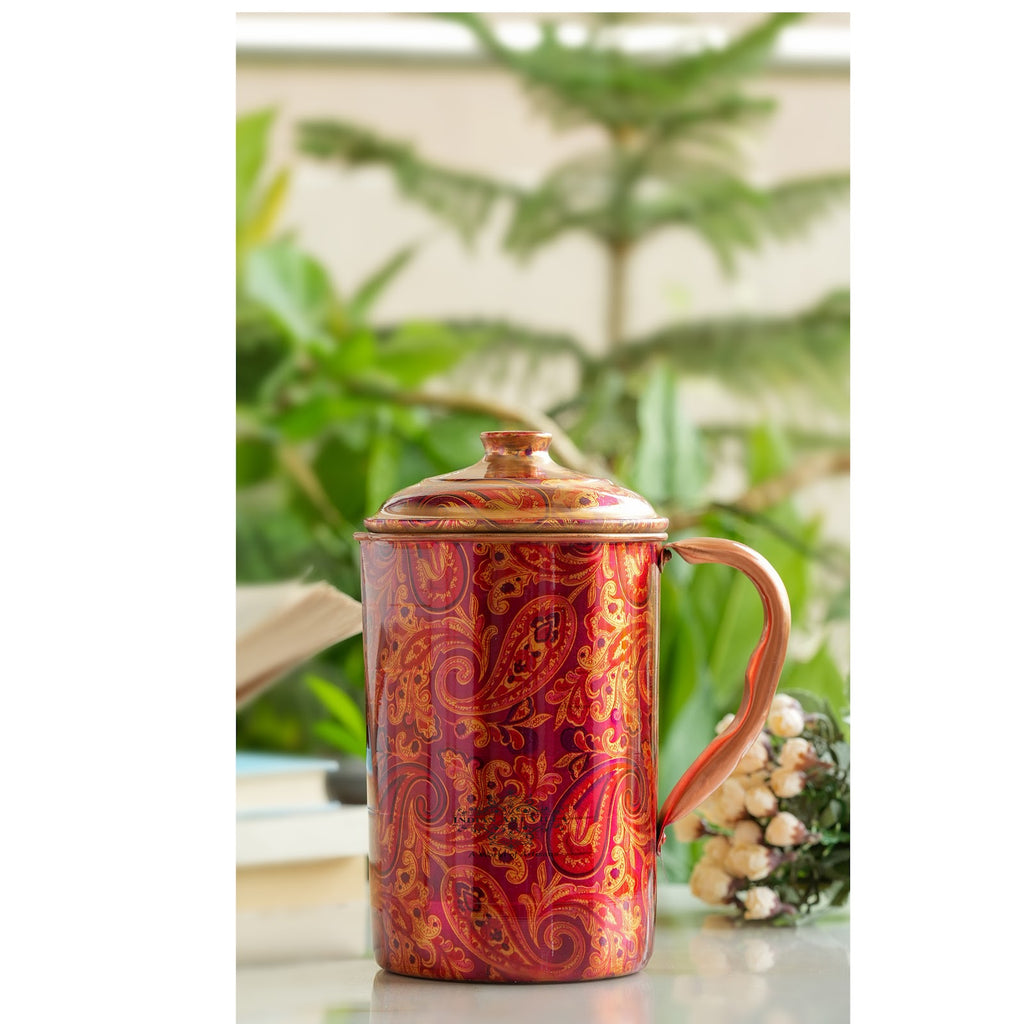 IndianArtVilla Handmade Pure Copper Jug With Red Floral Abstract Print Design, Volume-2000 ML