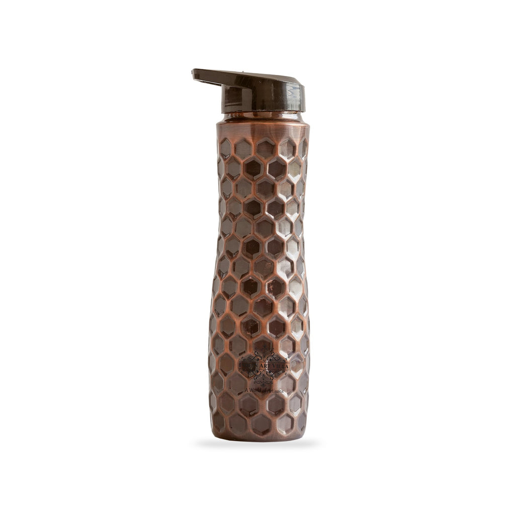 Indian Art Villa Copper Antique Dark Finish Water Bottle in Full Honeycomb Design with Sipper Cap, Volume- 900 ML