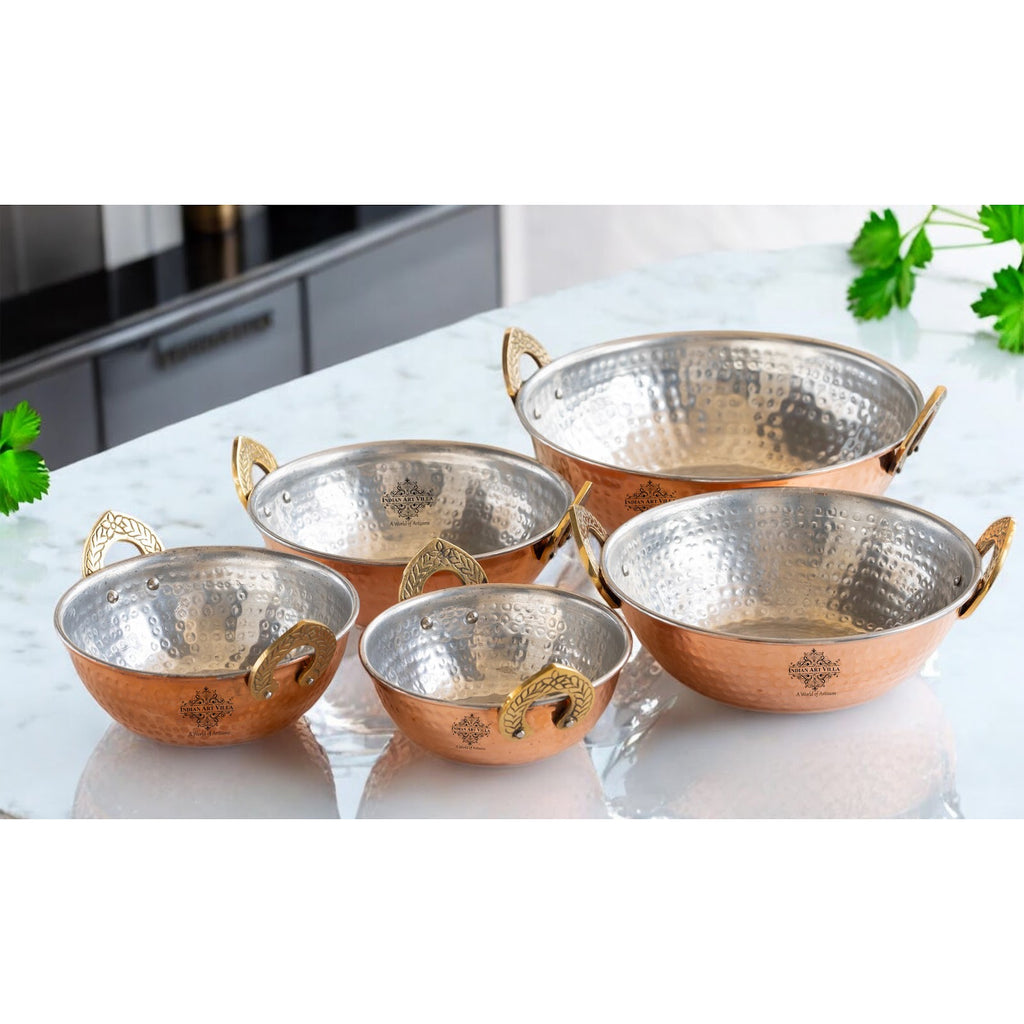 Indian Art Villa Pure Copper Kadai With Tin Lining, Hammered Design, Serveware & Tableware