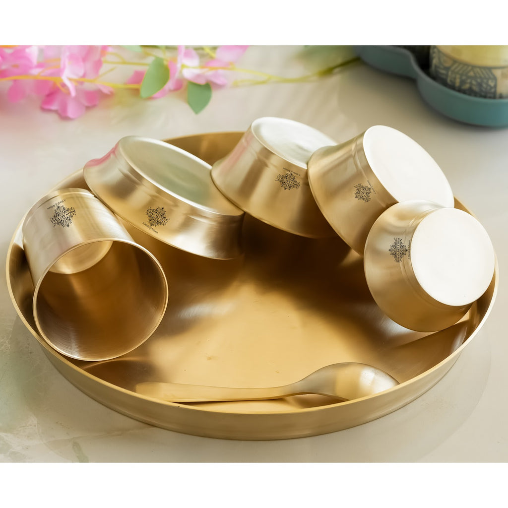 IndianArtVilla Pure Brass Matt Finish Design Thali Set|Dinner Set,  7 Piece