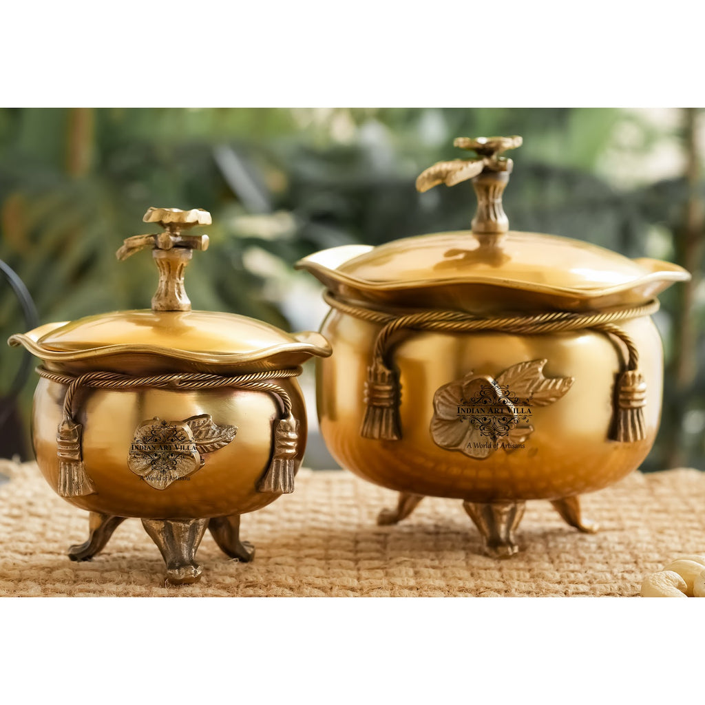 Indian Art Villa Brass Decorative Handi with Ribbon Bowl Design With Designer Lid and 3 Legs