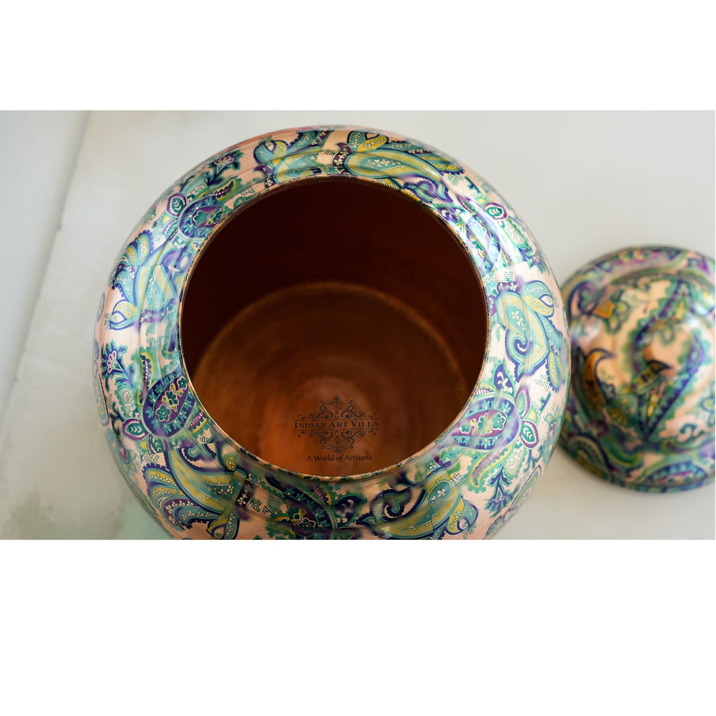 IndianArtVilla Copper Water Pot/Dispenser/ Matka in Green Paisley Printed Design with Brass Tap,13 Ltr