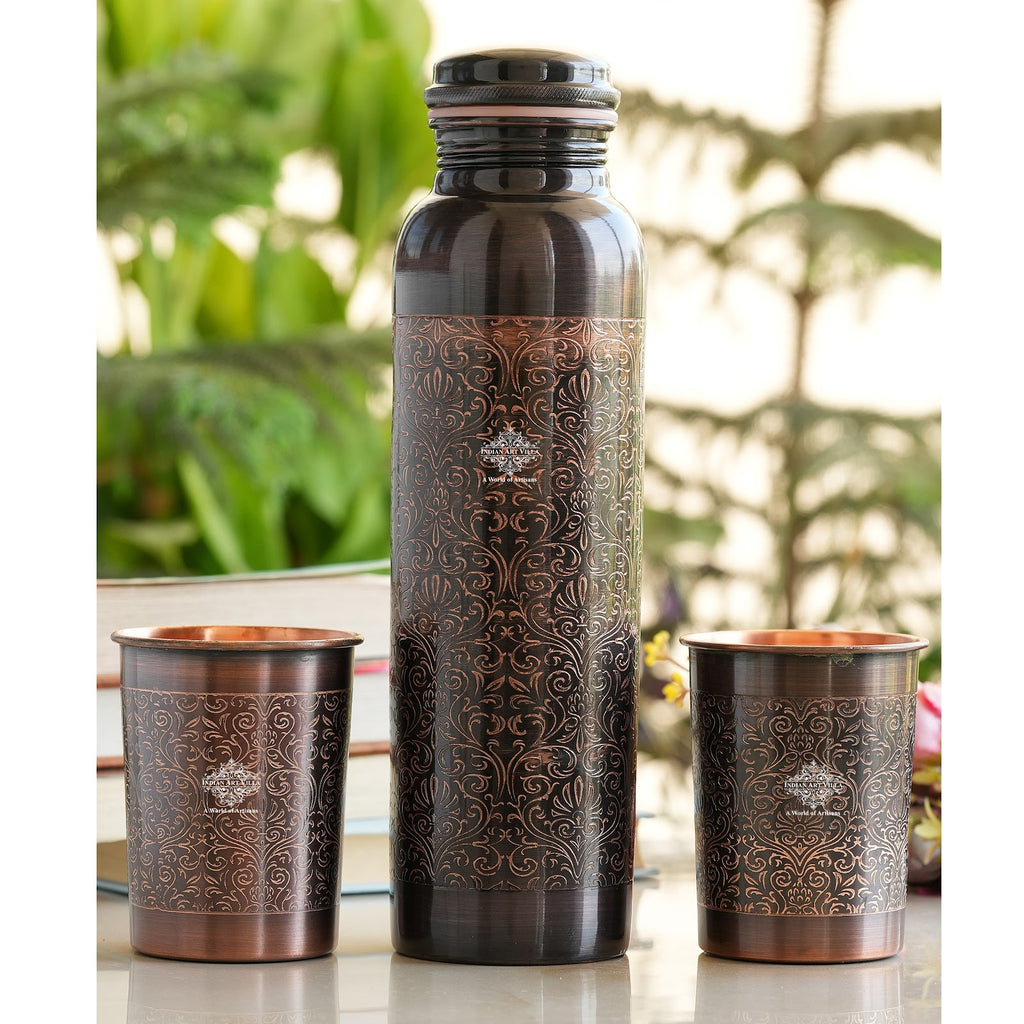 Indian Art Villa Antique Finished Embossed Design Drinkware Gift Set of Copper Bottle & Copper Glass