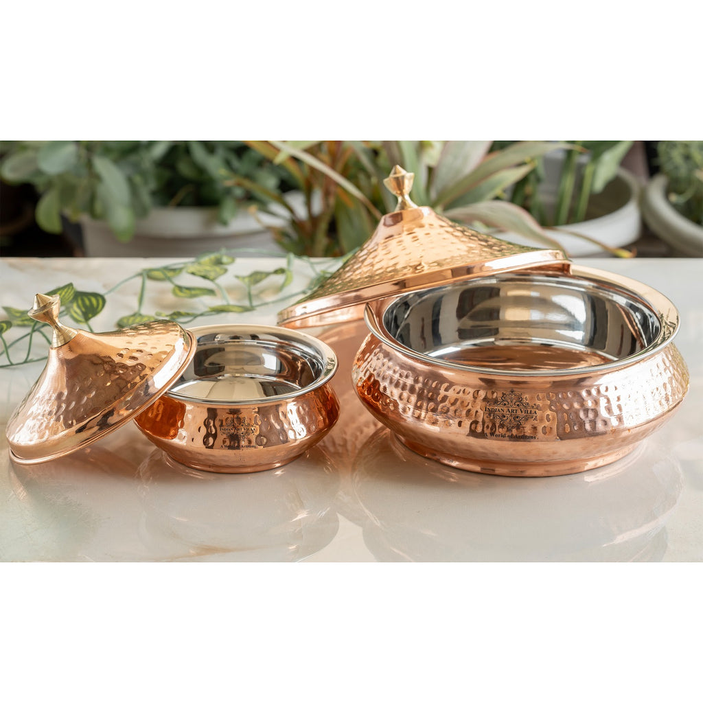 Indian Art Villa Steel Copper Mughlai Handi with Copper Lid and Brass Knob, 330 ML & 1350 ML – Hammered Design Serveware, Perfect for Home & Restaurant Use