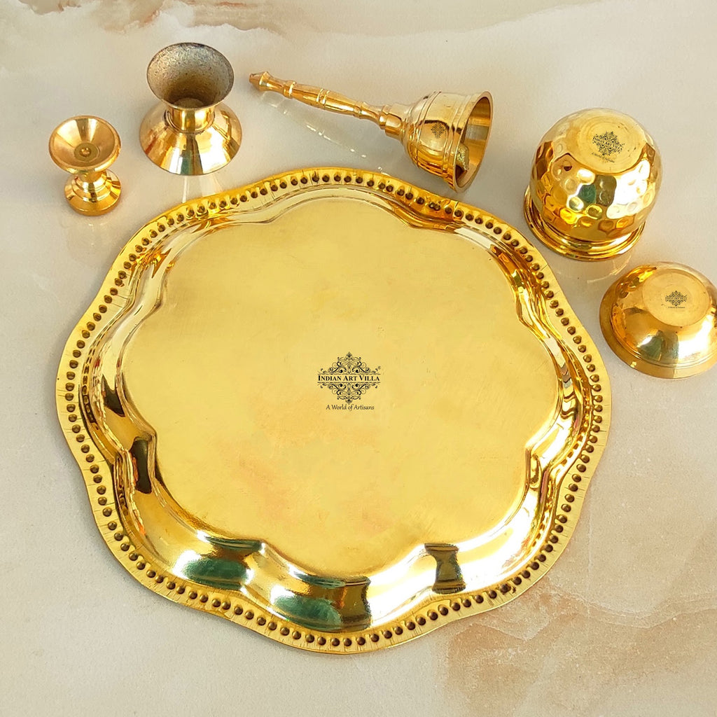 Indian Art Villa Brass Floral Embossed Design 6 Pieces Pooja Thali Set, Religious Spiritual Item, Home Temple, Width-20.83 cm