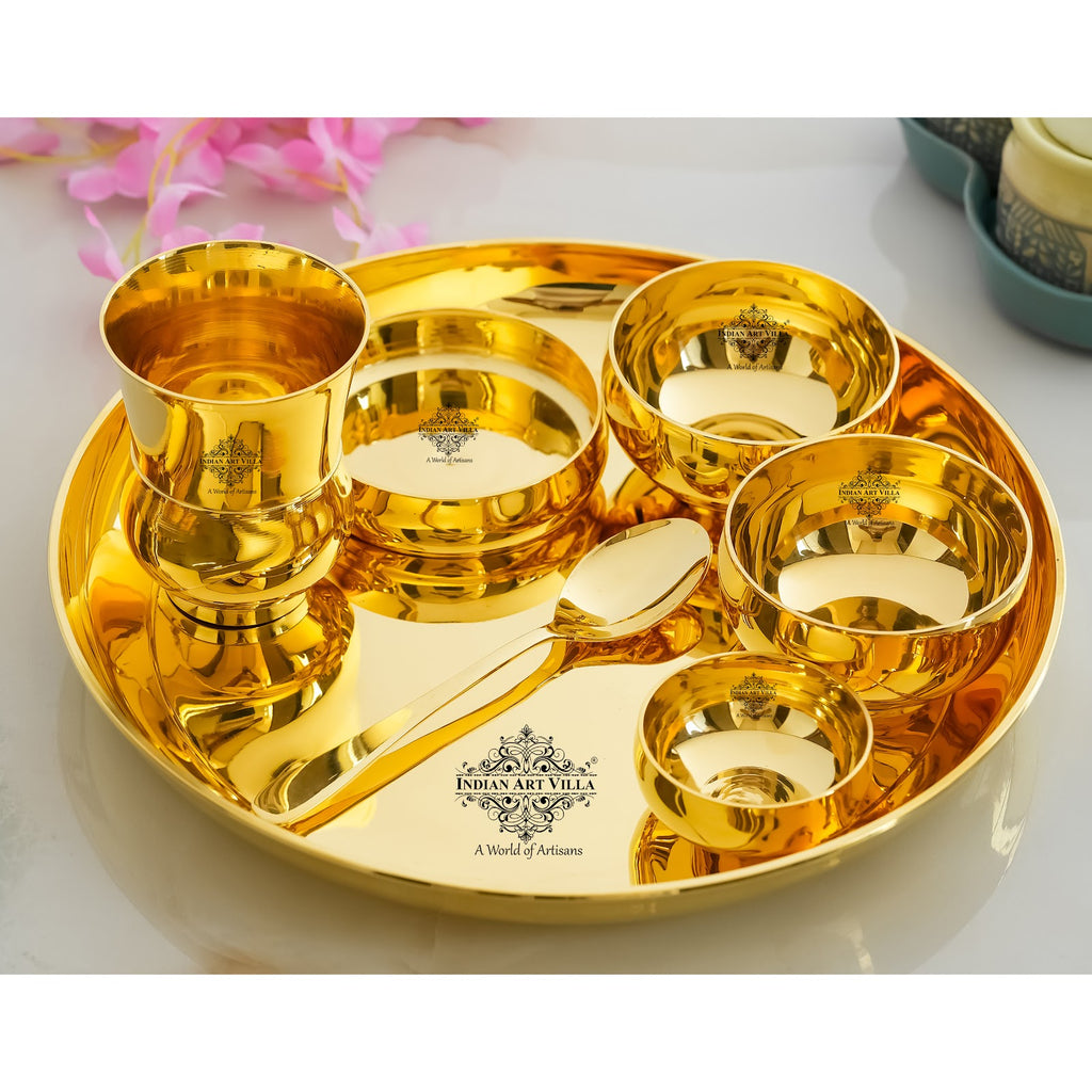 Indian Art Villa Pure Brass Dinner Set Shine FInish Design Set of 7 Piece, 30.48 cm thali