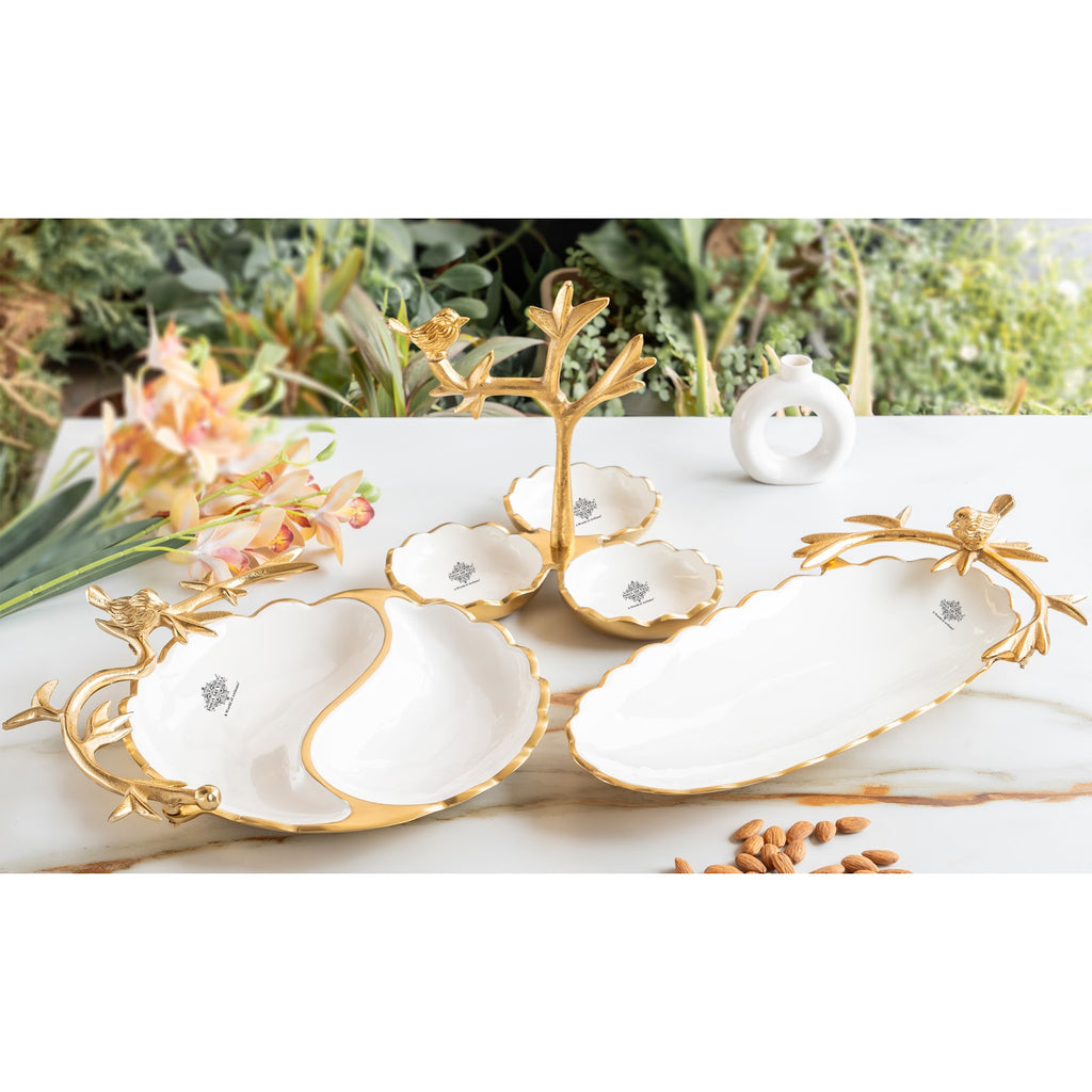 Indian Art Villa Brass Finish Decorative Serving Platter with Bird Design, Serveware for Home Décor, Gifting, and Special Occasions