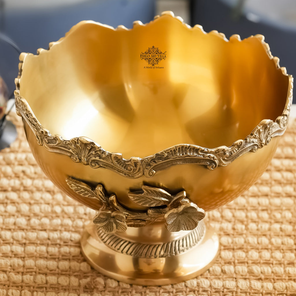 Indian Art Villa Brass Decorative Bowl, Handcrafted Floral Design, Premium Table Centerpiece