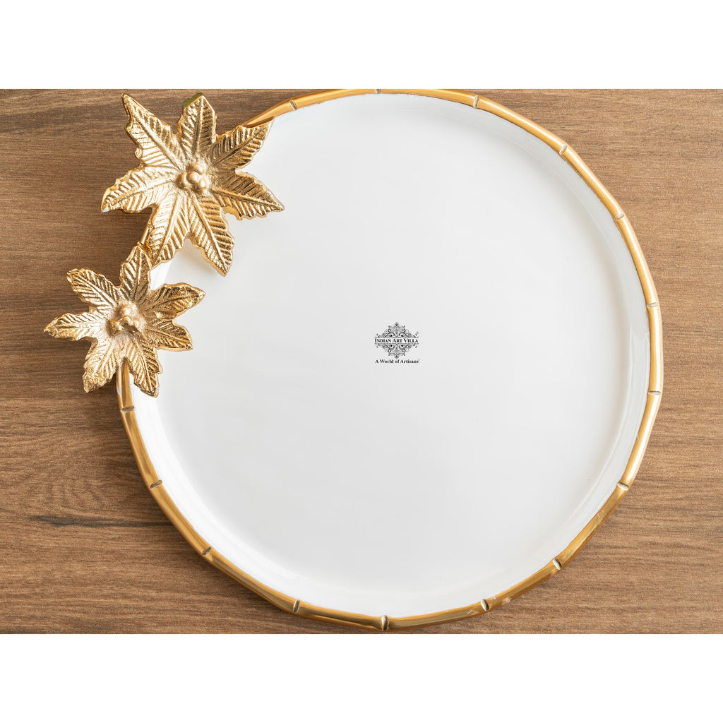 Indian Art Villa Brass Finish Decorative Serving Platter with Flower Design, Luxurious Serveware for Home Décor