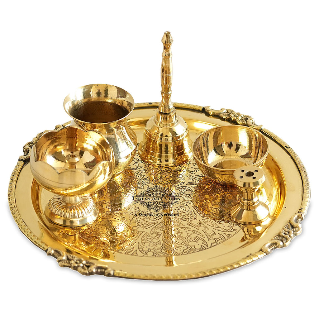 IndianArtVilla Pure Brass Embossed Puja Thali Set, 6 Pieces Set, 20.32 cm, Poojan Purpose, Spiritual Gift Item