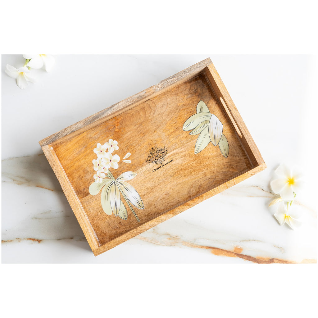 Indian Art Villa Wooden Tray with Plumeria Flower Design, Multipurpose Serving Tray for Tea, Coffee, Snacks, Home Decor, Gift Hampers