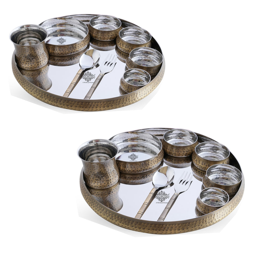 Indian Art Villa Steel Brass Curve Thali Set 9 Piece, Hammered Antique Finish Design Dinner Set