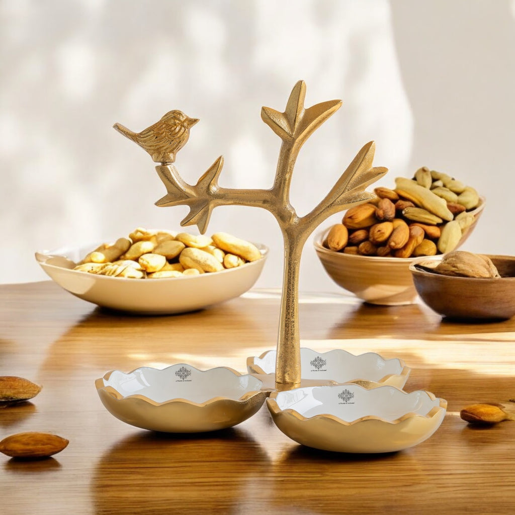 Indian Art Villa Brass Finish Decorative Dry Fruit Bowl with Bird Design – 3 Components, 170 ML