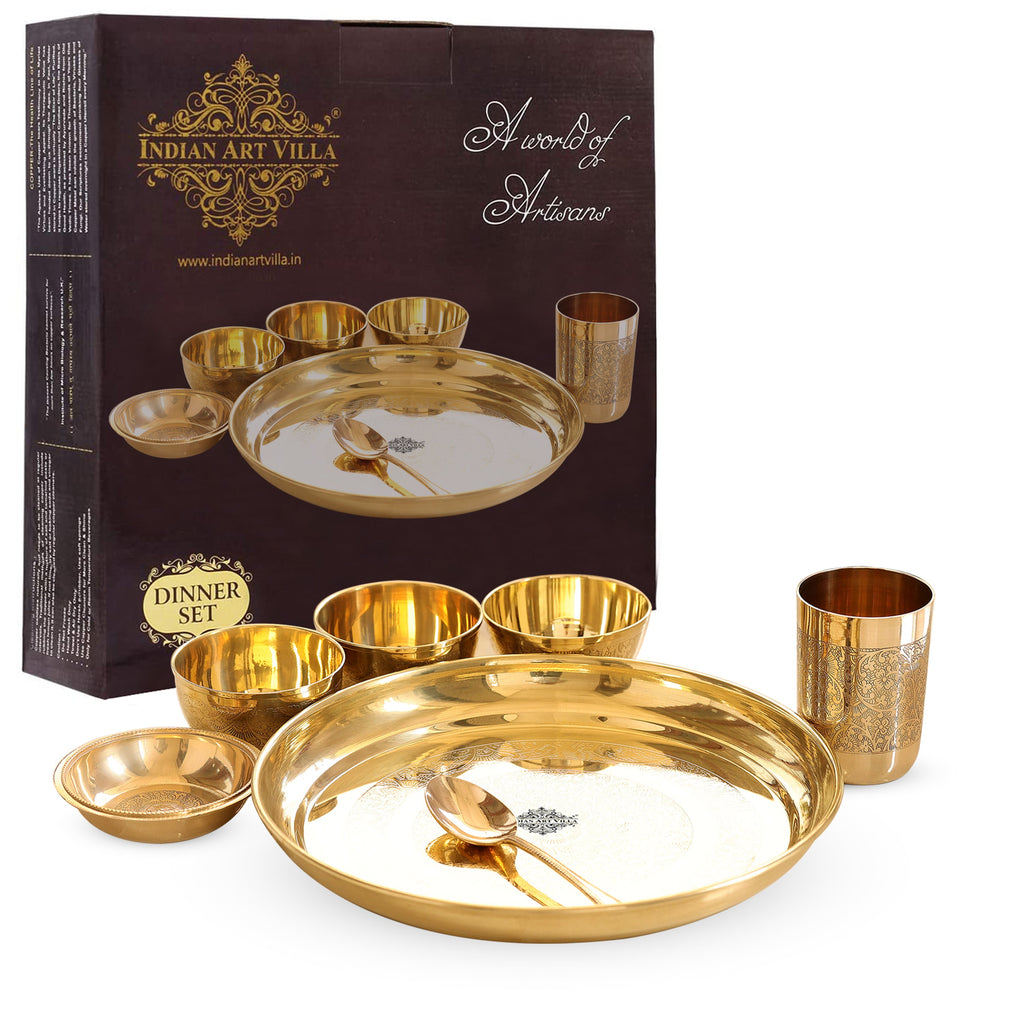 IndianArtVilla Handcrafted Pure Brass 7 Pieces Dinner set with Embossed Shine Finish Design, Dinnerware, Tableware