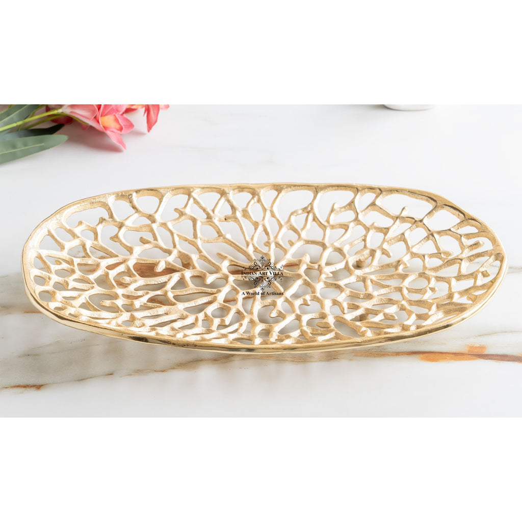 Indian Art Villa Gold Finish Antique Lacquer Matte Finish Decorative Tray – 47 cm Oval Shape, Cutting Design