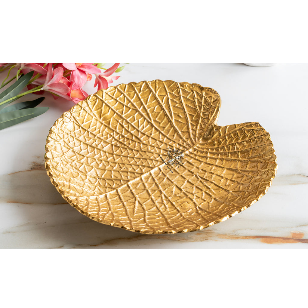 Indian Art Villa Gold Finish Antique Lacquer Matte Lotus Leaf Design Decorative Platter – 36 cm Tray, Elegant Tableware for Home Decor