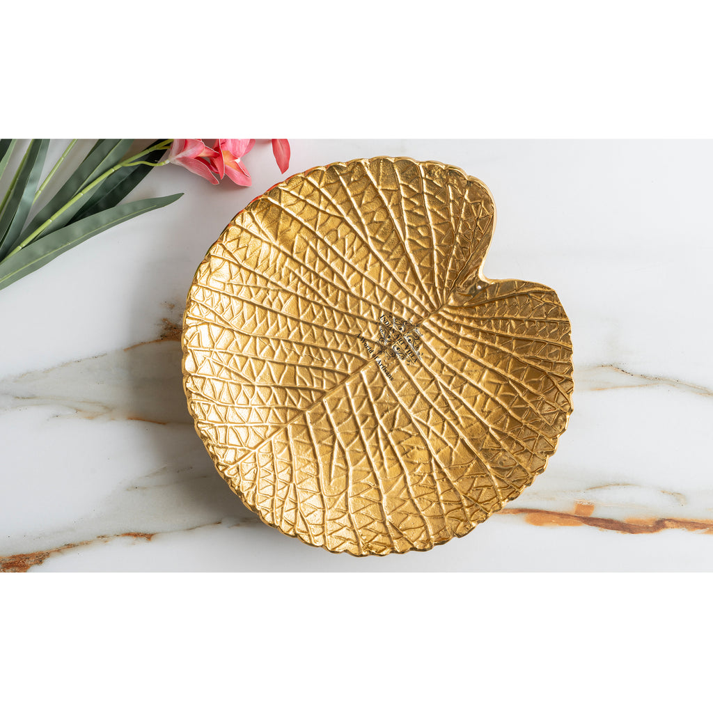 Indian Art Villa Gold Finish Antique Lacquer Matte Lotus Leaf Design Decorative Platter – 36 cm Tray, Elegant Tableware for Home Decor