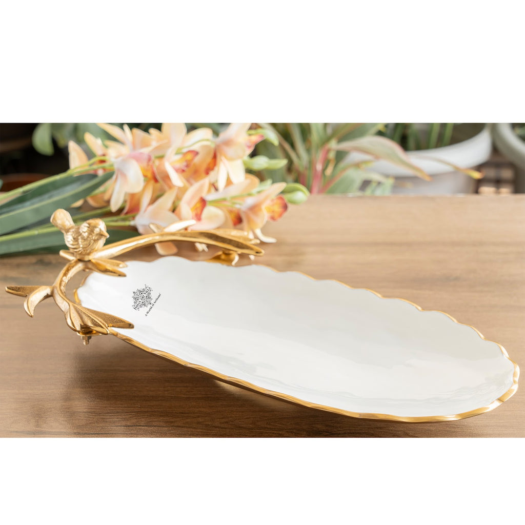 Indian Art Villa Brass Finish Decorative Serving Platter with Bird Design – 43 CM Oval Shape, Elegant Tableware for Home, Kitchen, Parties, Weddings, and Gifting