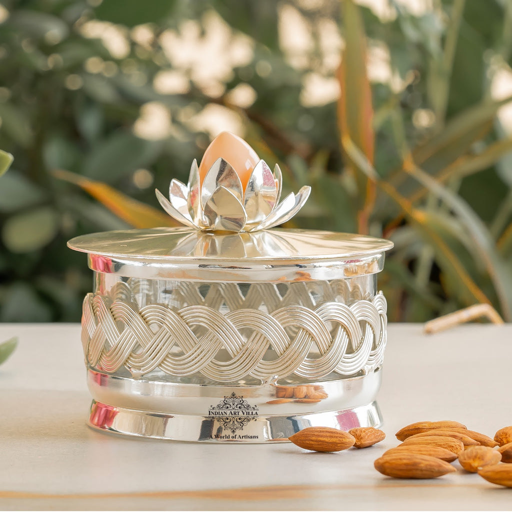 Indian Art Villa Silver-Plated Dry Fruit Box with Lotus Flower Design Knob – 6 Inches, Decorative Storage Container for Multi-purpose box