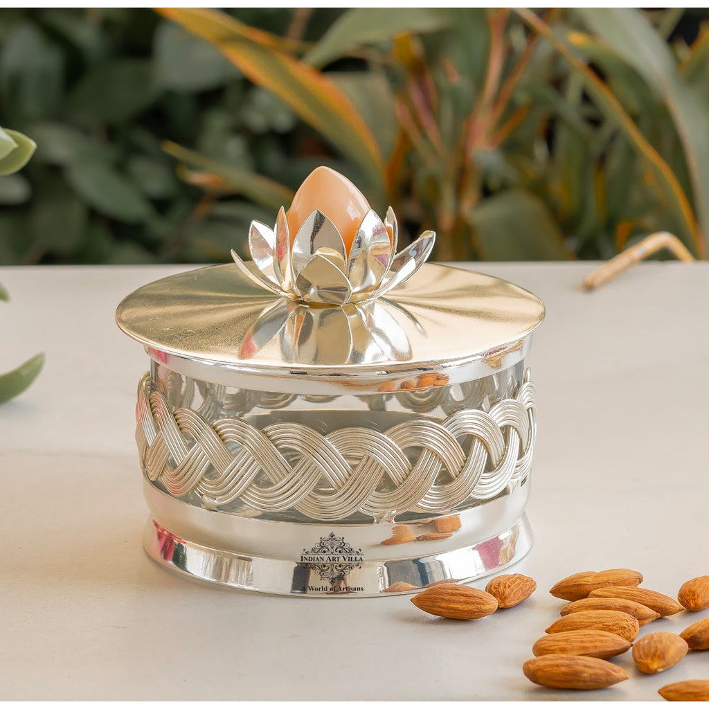 Indian Art Villa Silver-Plated Dry Fruit Box with Lotus Flower Design Knob – 6 Inches, Decorative Storage Container for Multi-purpose box