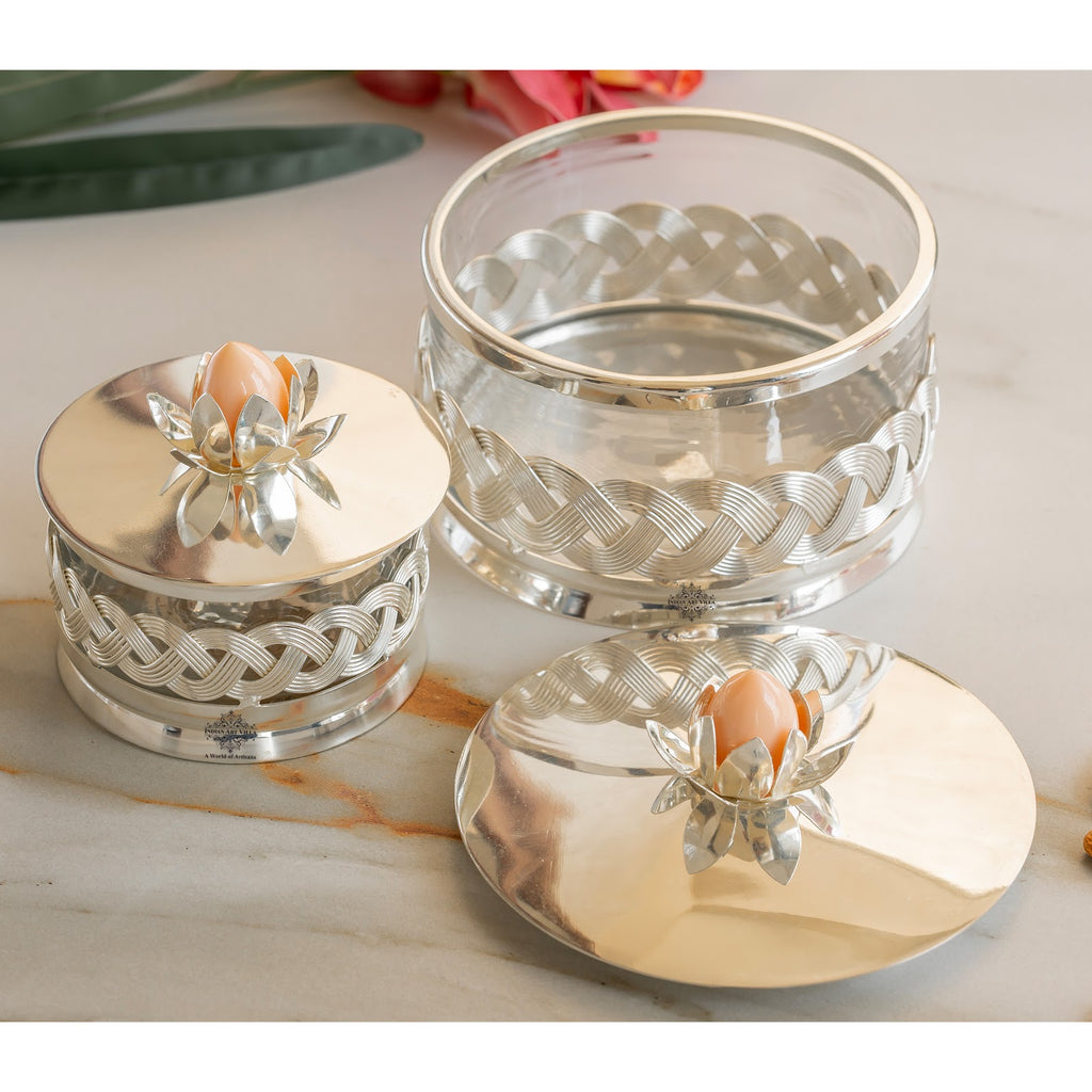 Indian Art Villa Silver-Plated Dry Fruit Box with Lotus Flower Design Knob – 6 Inches, Decorative Storage Container for Multi-purpose box