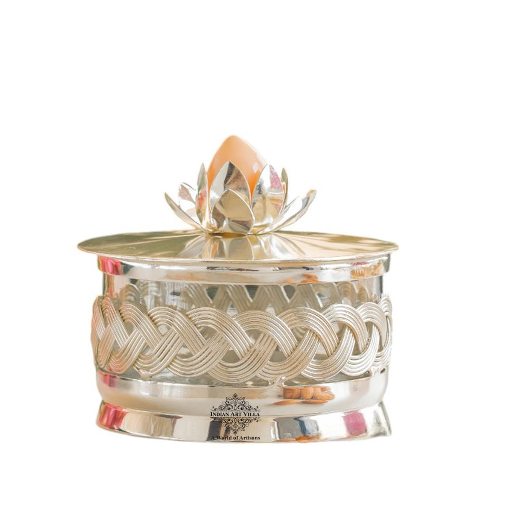 Indian Art Villa Silver-Plated Dry Fruit Box with Lotus Flower Design Knob – 6 Inches, Decorative Storage Container for Multi-purpose box