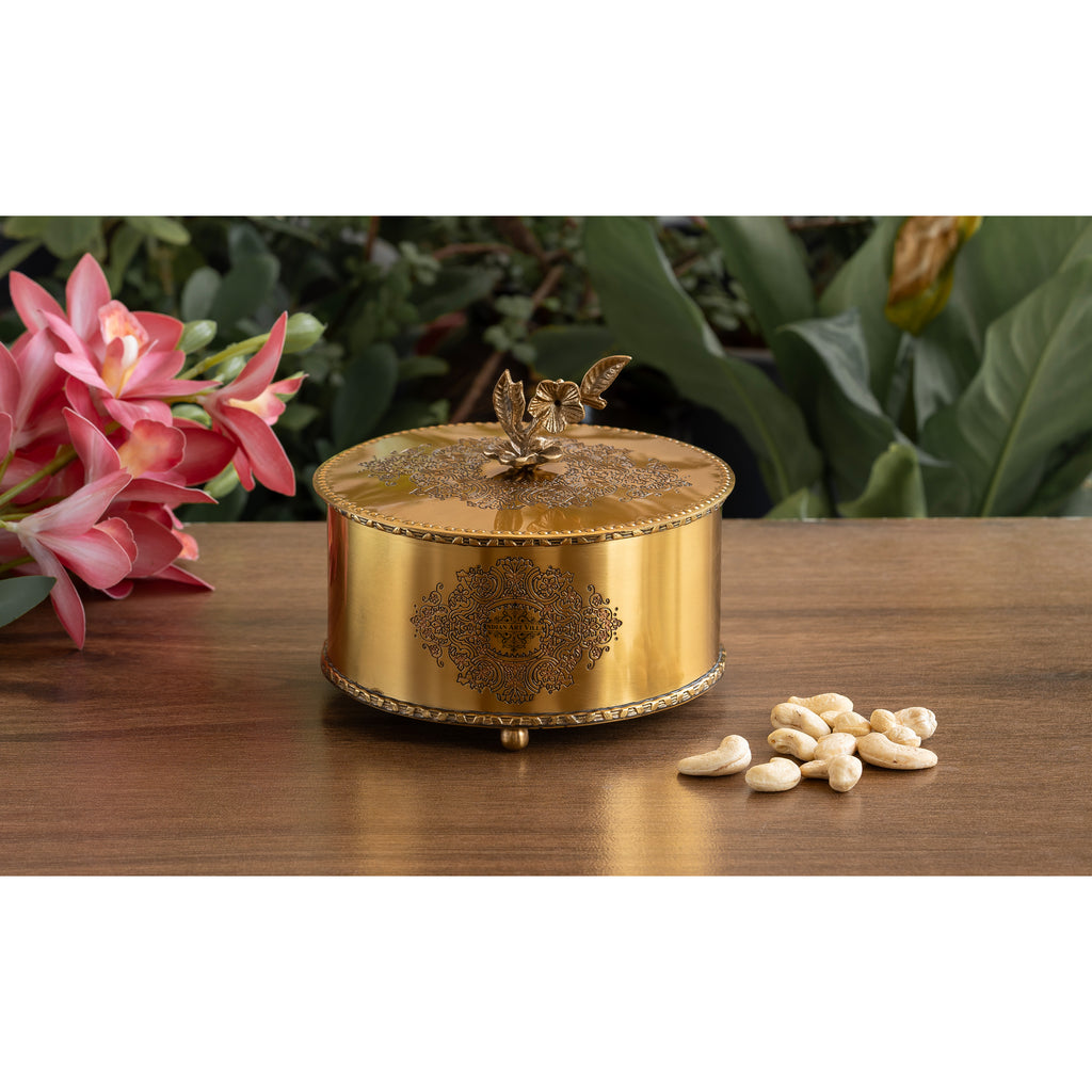 Indian Art Villa Brass Embossed Decorative Dry Fruit Box with Floral Lid Handle - 12x15 CM