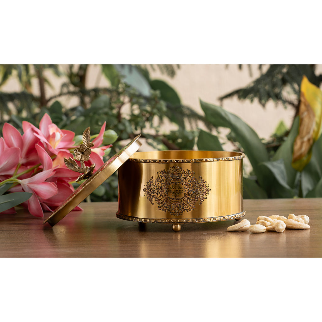 Indian Art Villa Brass Embossed Decorative Dry Fruit Box with Floral Lid Handle - 12x15 CM