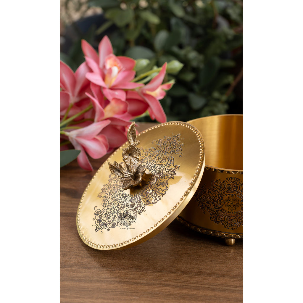 Indian Art Villa Brass Embossed Decorative Dry Fruit Box with Floral Lid Handle - 12x15 CM