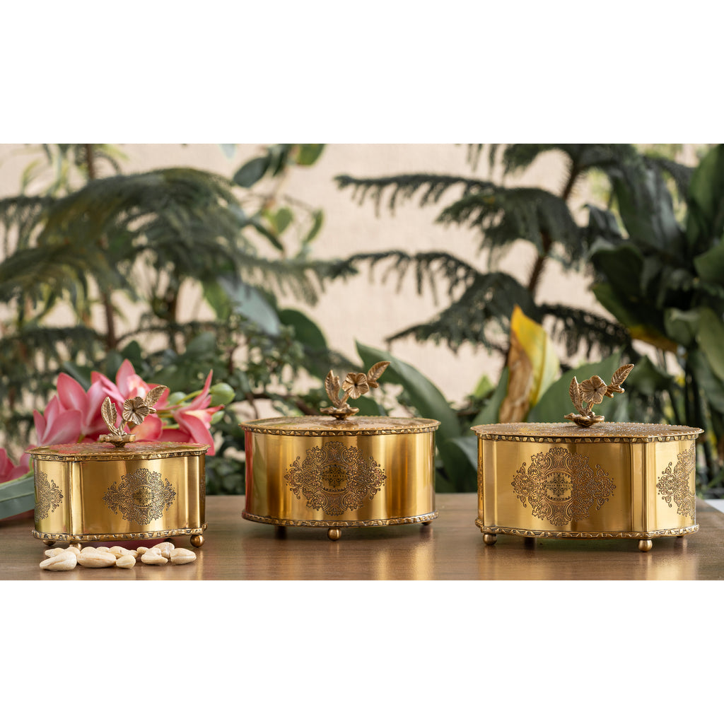 Indian Art Villa Brass Embossed Decorative Dry Fruit Box with Floral Lid Handle - 12x15 CM