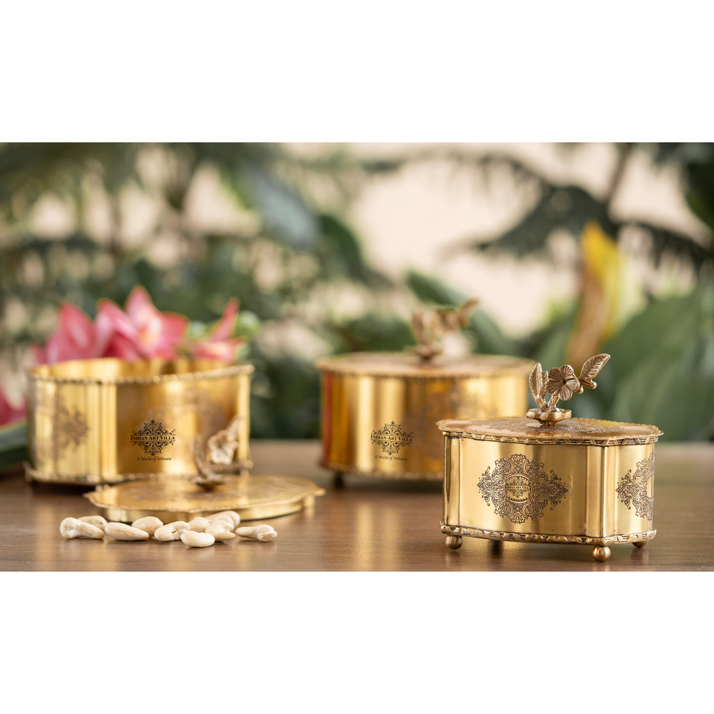 Indian Art Villa Brass Embossed Decorative Dry Fruit Box with Floral Lid Handle - 12x15 CM