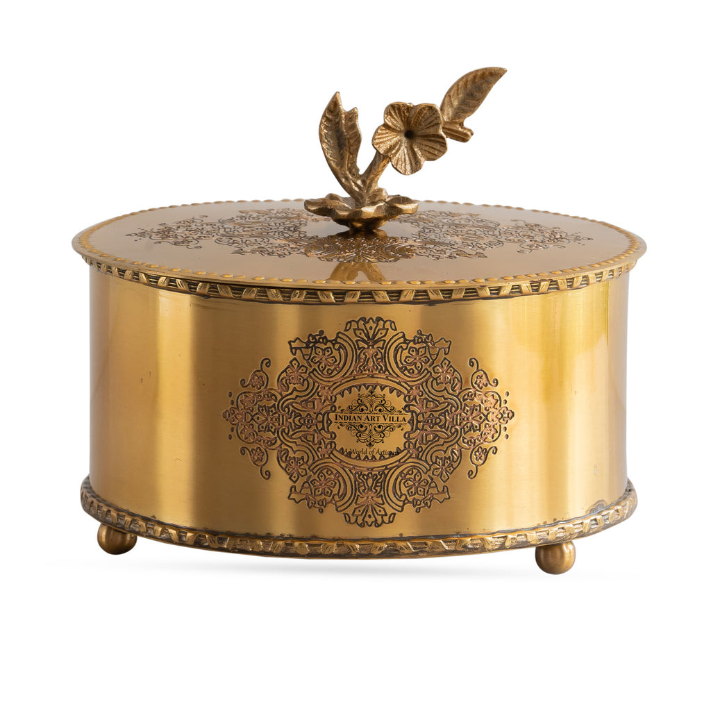 Indian Art Villa Brass Embossed Decorative Dry Fruit Box with Floral Lid Handle - 12x15 CM