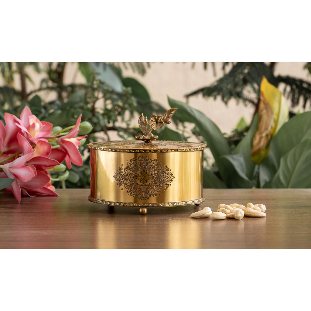 Indian Art Villa Brass Embossed Decorative Dry Fruit Box with Floral Lid Handle - 12x15 CM