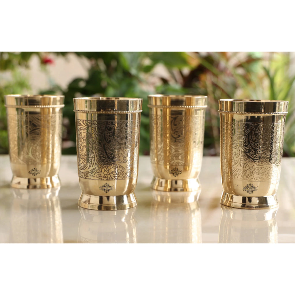 Indian Art Villa - Exquisite Handcrafted Brass Embossed Tumblers Set - 300 ML