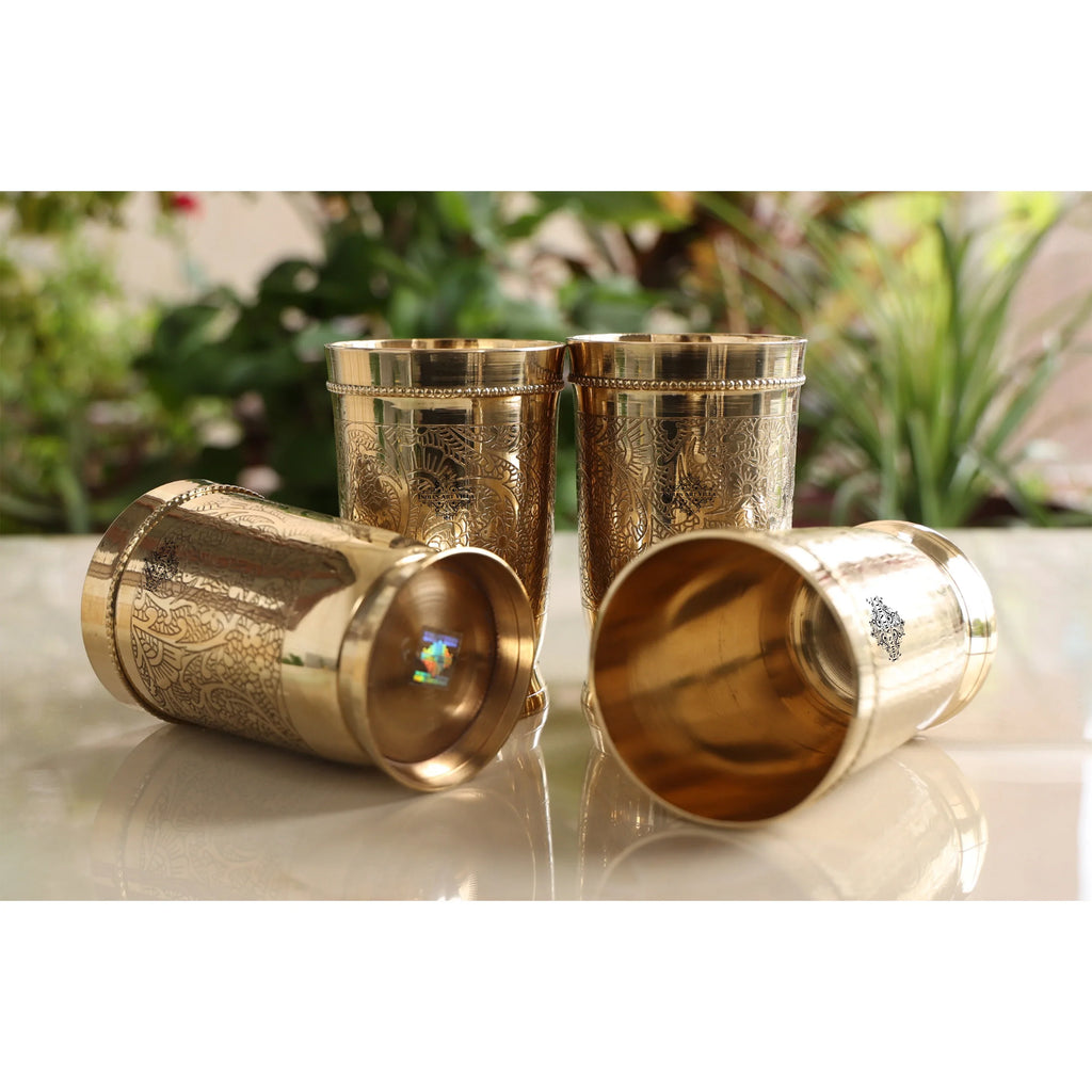 Indian Art Villa - Exquisite Handcrafted Brass Embossed Tumblers Set - 300 ML