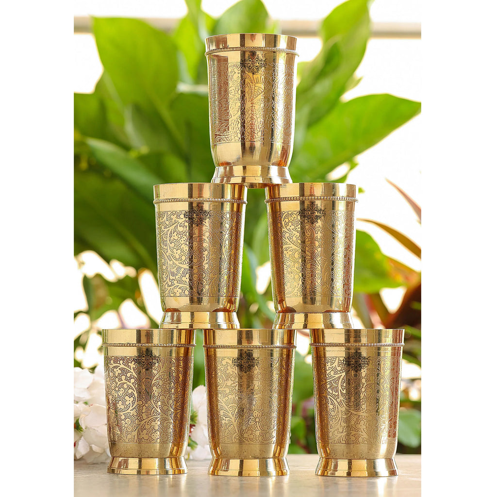 Indian Art Villa - Exquisite Handcrafted Brass Embossed Tumblers Set - 300 ML