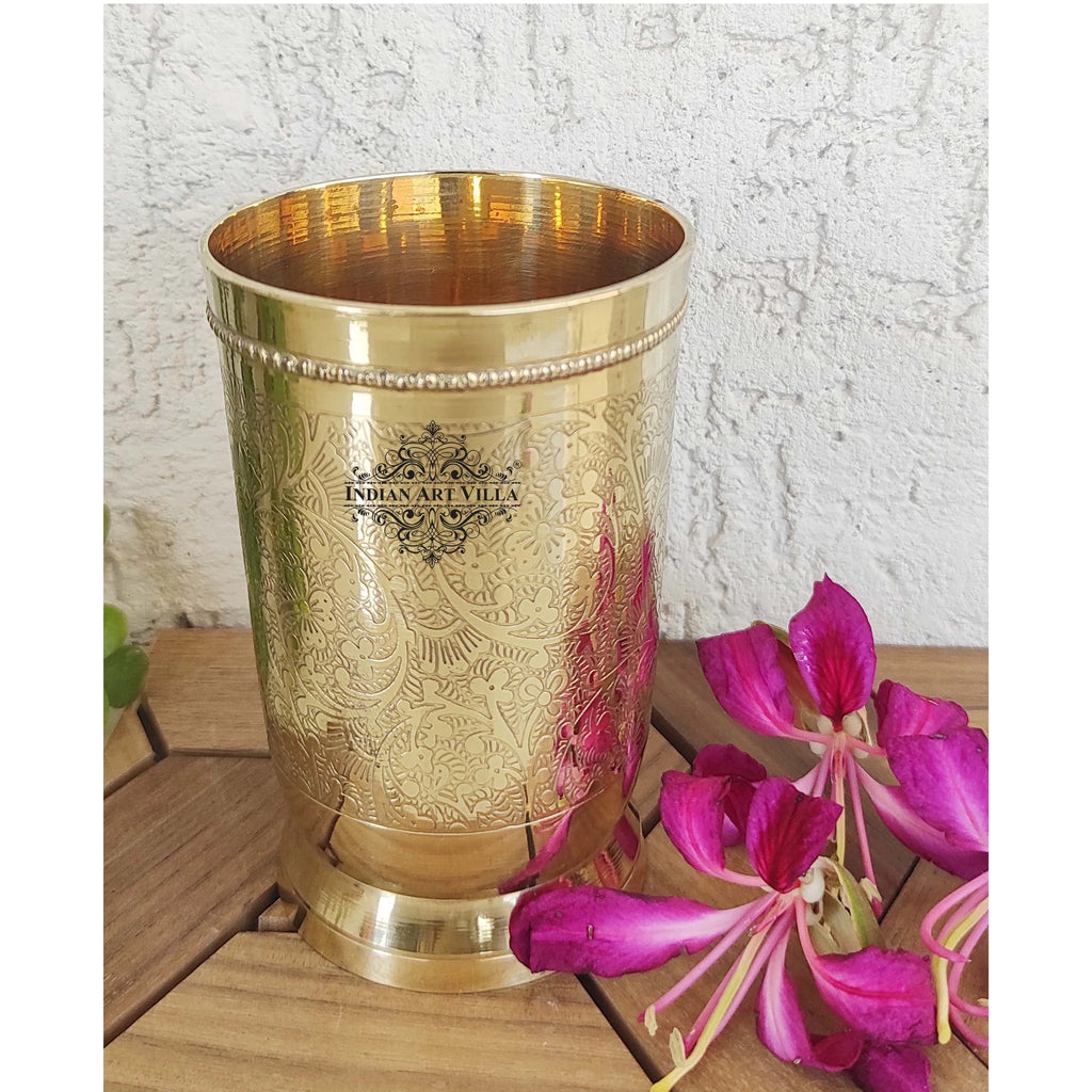 Indian Art Villa - Exquisite Handcrafted Brass Embossed Tumblers Set - 300 ML