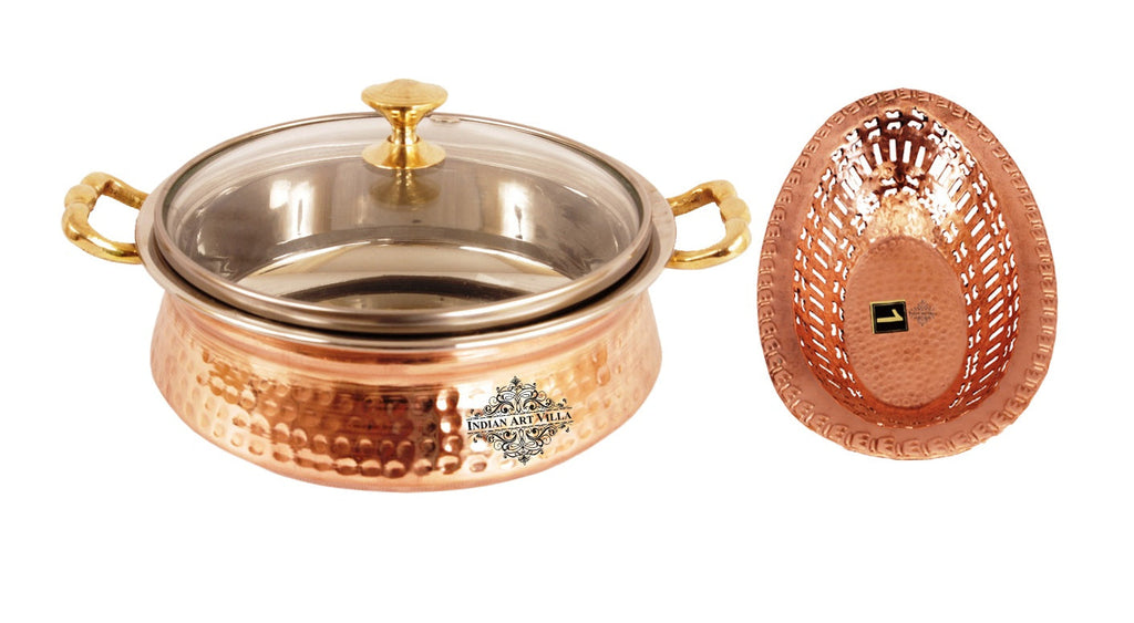 IndianArtVilla Handmade Pure Steel Copper Casserole Donga with Bread Basket