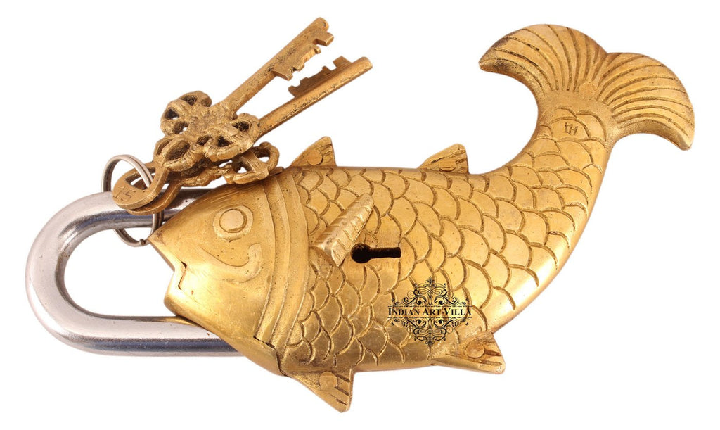 IndianArtVilla Handmade Brass Old Vintage Style Antique Fish Shape Security Lock with 2 Keys|Home Temple Office