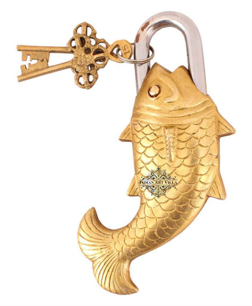 IndianArtVilla Handmade Brass Old Vintage Style Antique Fish Shape Security Lock with 2 Keys|Home Temple Office