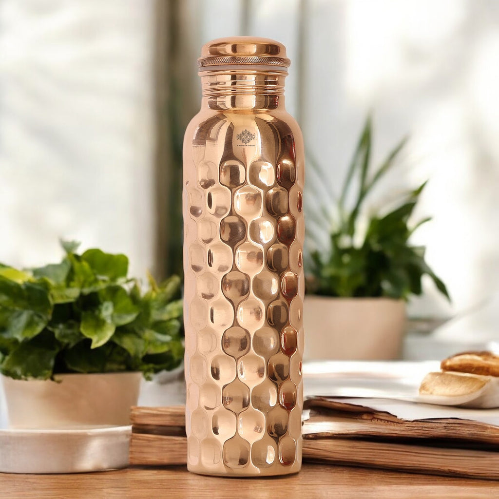 Indian Art Villa Pure Copper Mirror Shine Finish, Lacquer Coated Diamond Design Water Bottle, Ayurvedic Bottle for Daily Use, Drinkware, Perfect for Home, Office, Travel, and Gifting