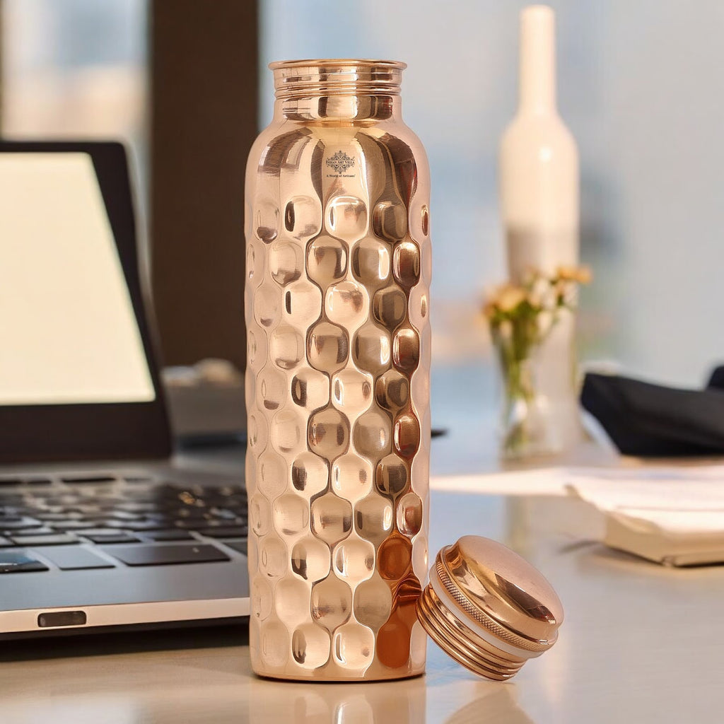 Indian Art Villa Pure Copper Mirror Shine Finish, Lacquer Coated Diamond Design Water Bottle, Ayurvedic Bottle for Daily Use, Drinkware, Perfect for Home, Office, Travel, and Gifting