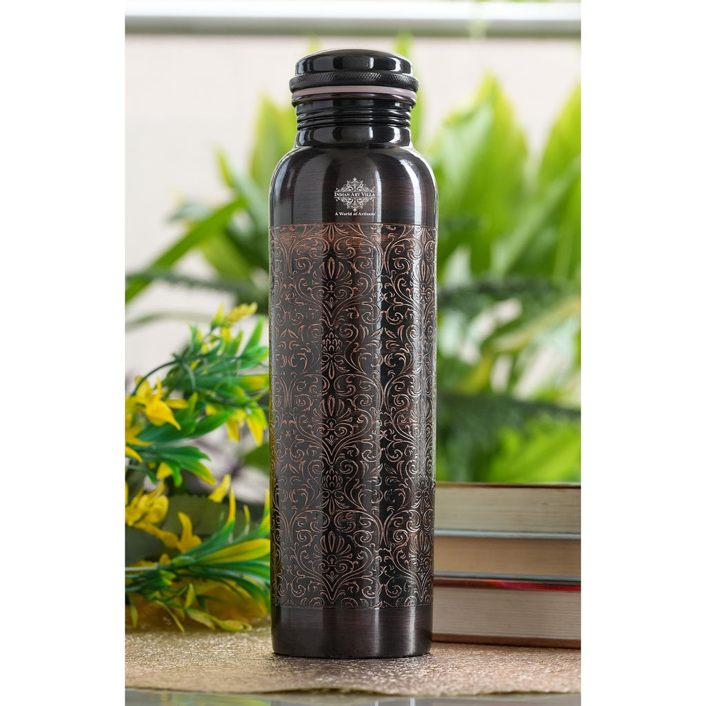 Indian Art Villa Pure Copper Bottle, Dark Embossed Design, Leak Proof, Ayurveda And Yoga Health Benefits