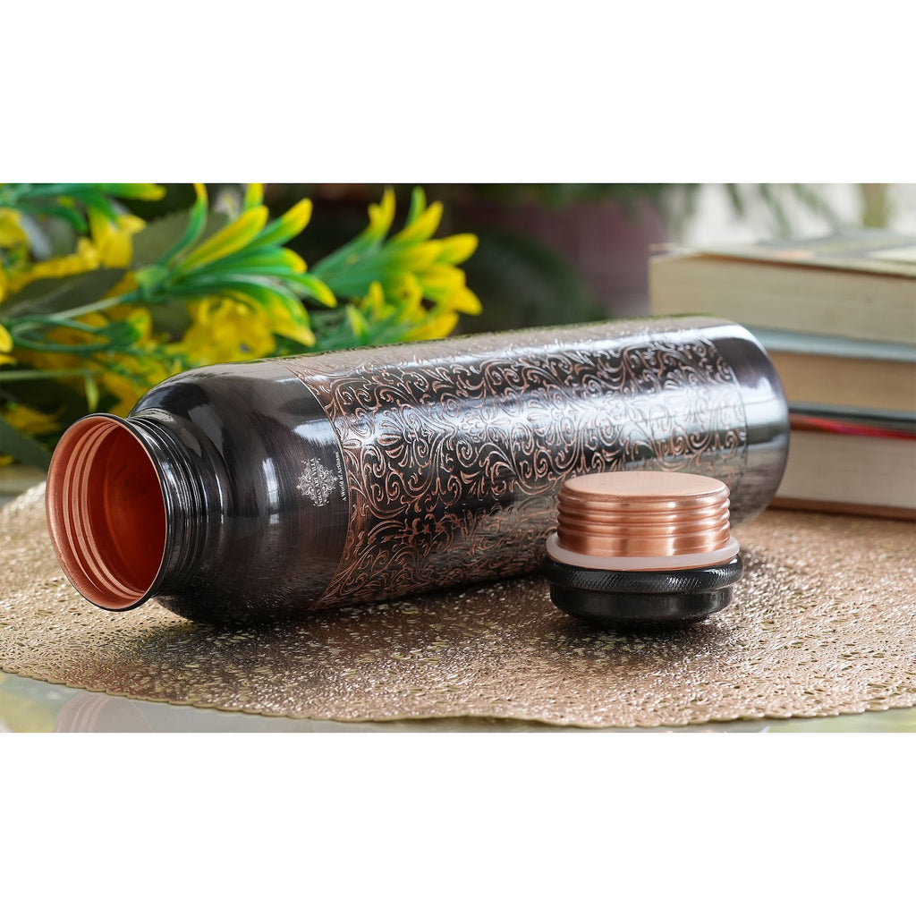 Indian Art Villa Pure Copper Bottle, Dark Embossed Design, Leak Proof, Ayurveda And Yoga Health Benefits