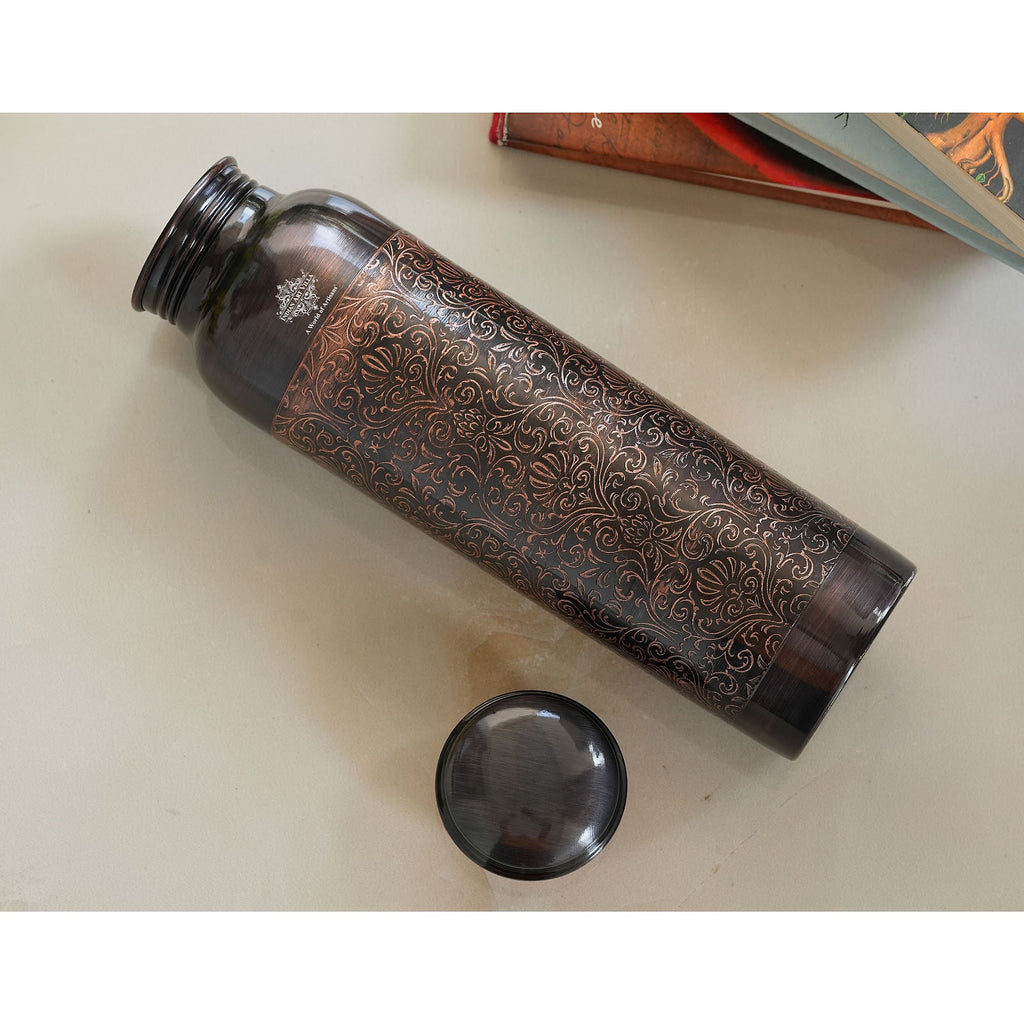 Indian Art Villa Pure Copper Bottle, Dark Embossed Design, Leak Proof, Ayurveda And Yoga Health Benefits