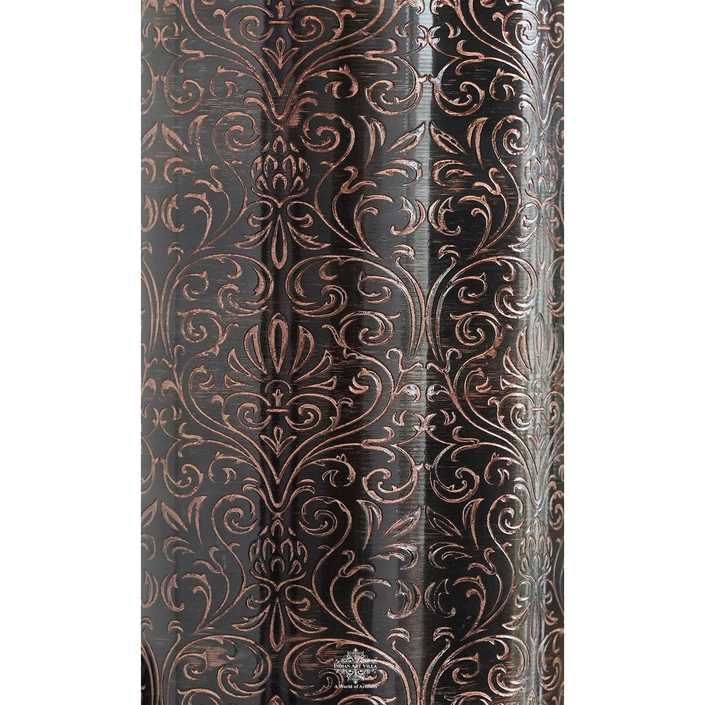 Indian Art Villa Pure Copper Bottle, Dark Embossed Design, Leak Proof, Ayurveda And Yoga Health Benefits