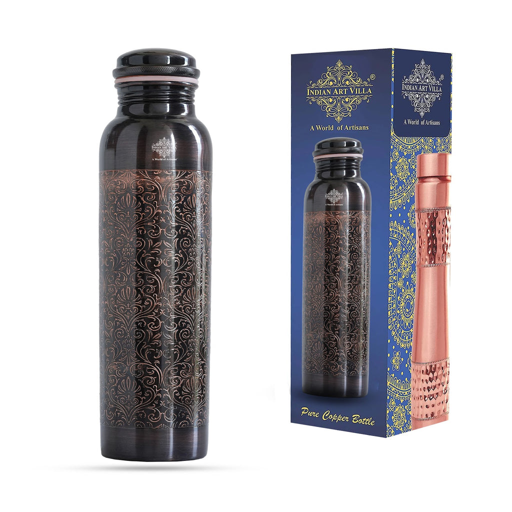 Indian Art Villa Pure Copper Bottle, Dark Embossed Design, Leak Proof, Ayurveda And Yoga Health Benefits