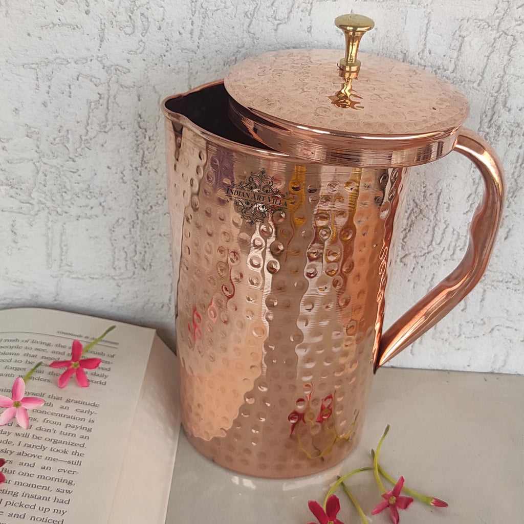 Indian Art Villa Pure Copper Hammered Antique Design Jug, Pitcher with Brass Knob on Lid