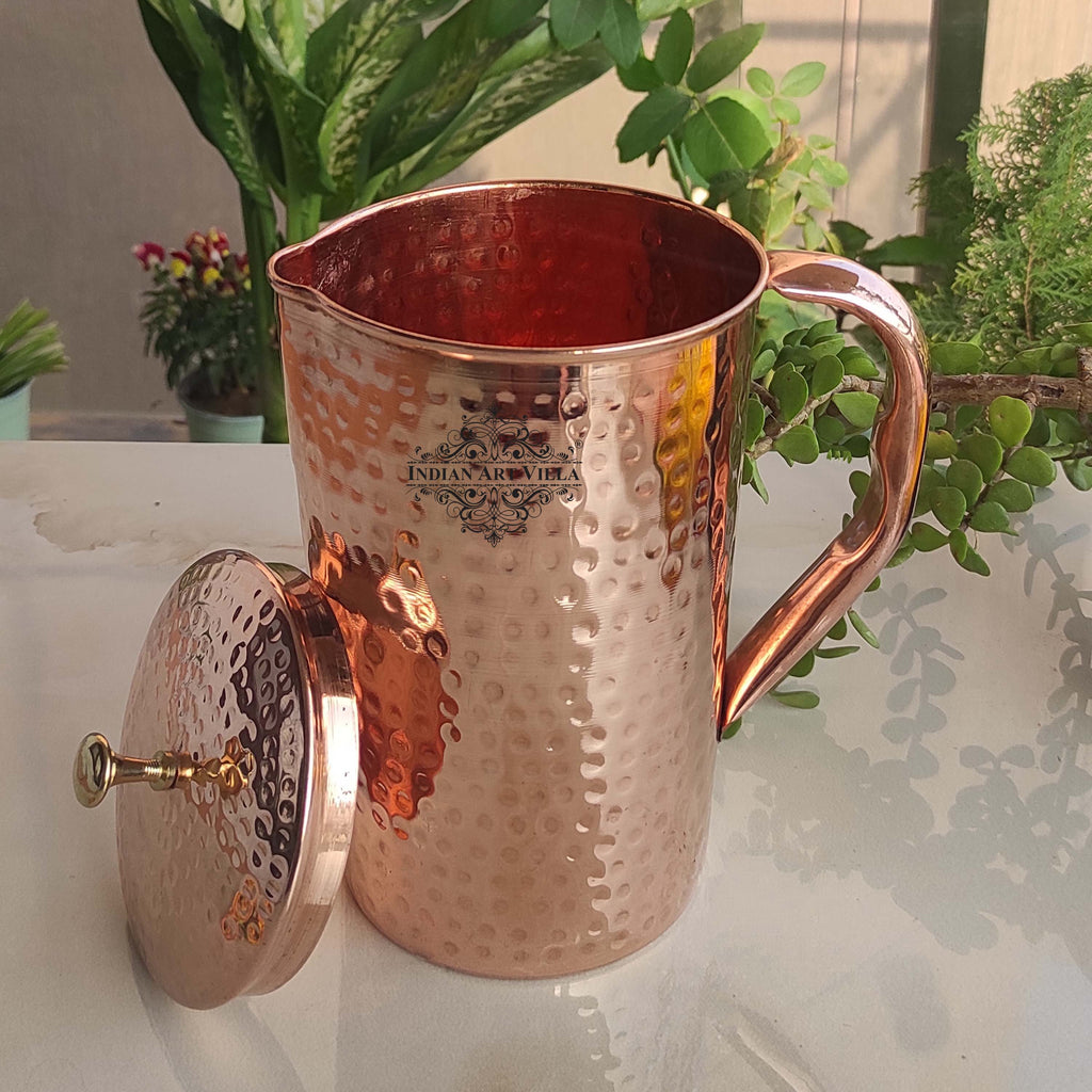 Indian Art Villa Pure Copper Hammered Antique Design Jug, Pitcher with Brass Knob on Lid